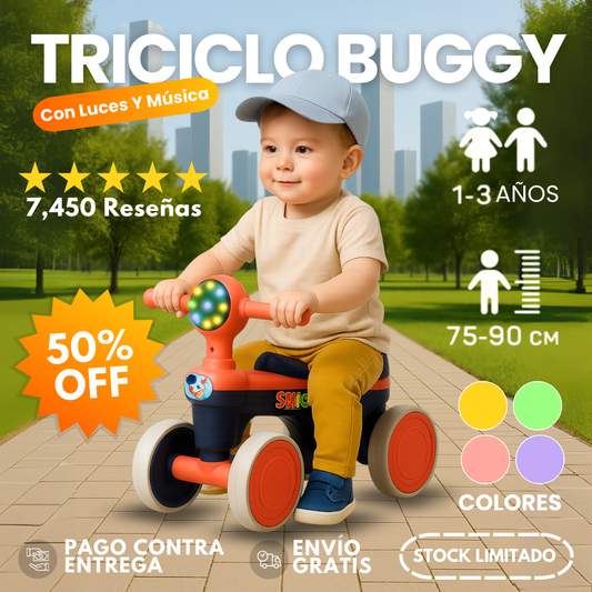 Triciclo Buggy Para Niños Con Luces Y Música - 50% De Descuento + Envío Gratis