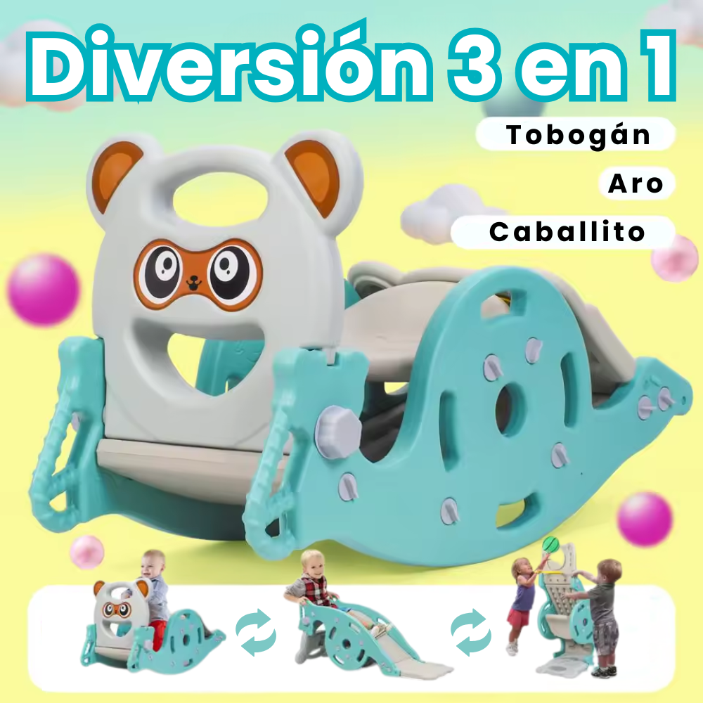 Un caballito, un tobogán y una canasta ¡Todo en uno! | 3 en 1 PequePark + Envío Gratis (Disponible Solo Rosado)