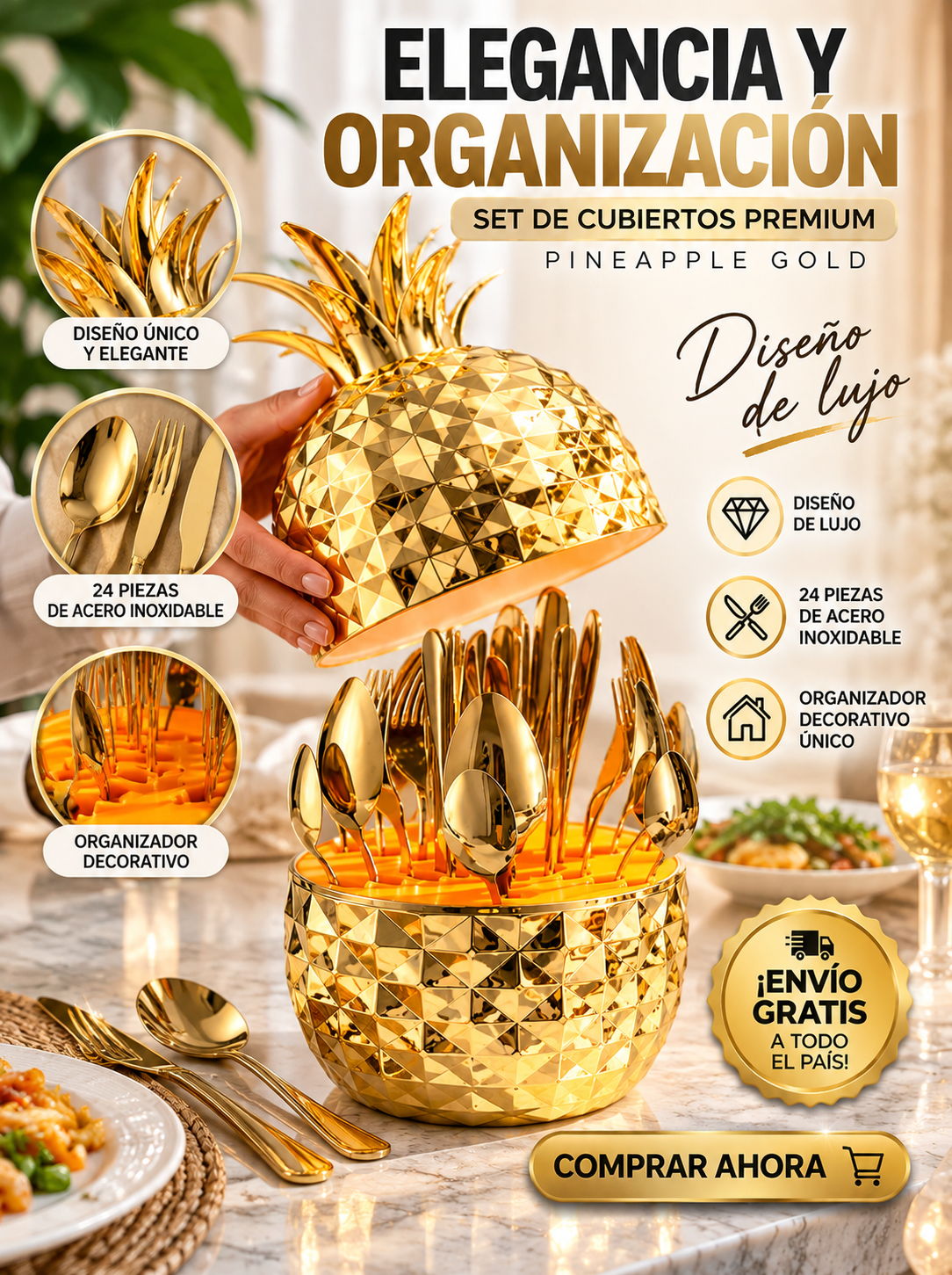 Set Premium 24 Cubiertos Pineapple Gold ¡Dale un toque elegante a tu mesa en segundos!