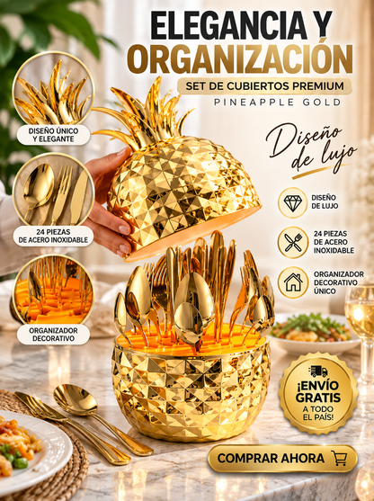 Set Premium 24 Cubiertos Pineapple Gold ¡Dale un toque elegante a tu mesa en segundos!